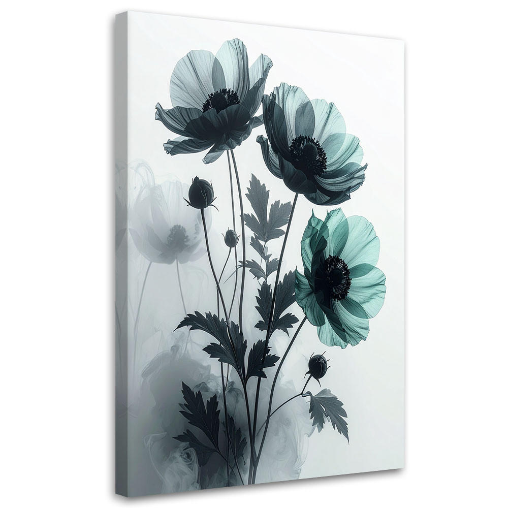 BILD auf Leinwand, Zarte grüne botanische Blumen - Blau, Textil (40/60cm) - Feeby