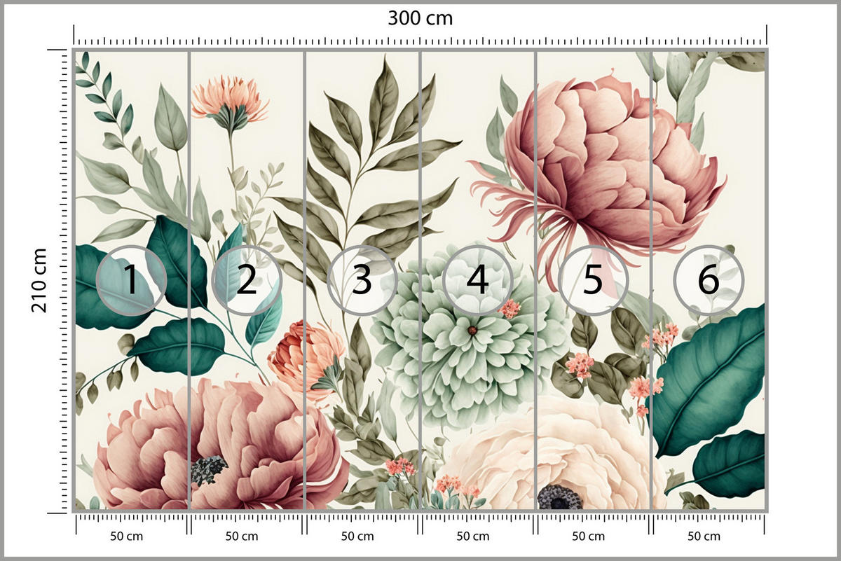 FOTOTAPETE für Schlafzimmer Pastell Pfingstrosen Blüten Blätter 300x210 - Türkis/Blau, Papier (300/210cm) - Muralo