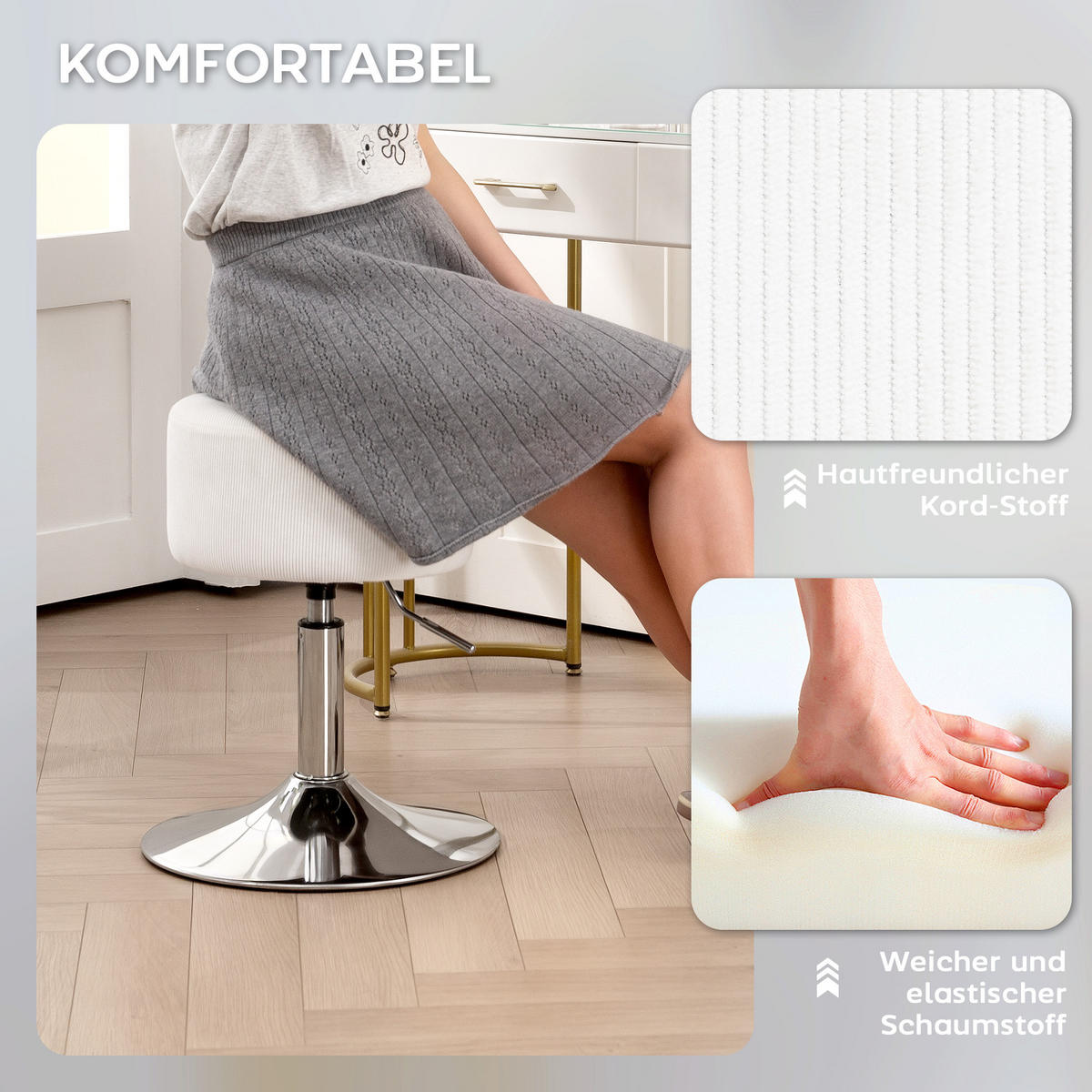 BARHOCKER, Gepolstert Barstuhl mit Metallgestell, Cordoptik, Höhenverstellbar - Weiß, Kunststoff (38/66/38cm) - HOMCOM