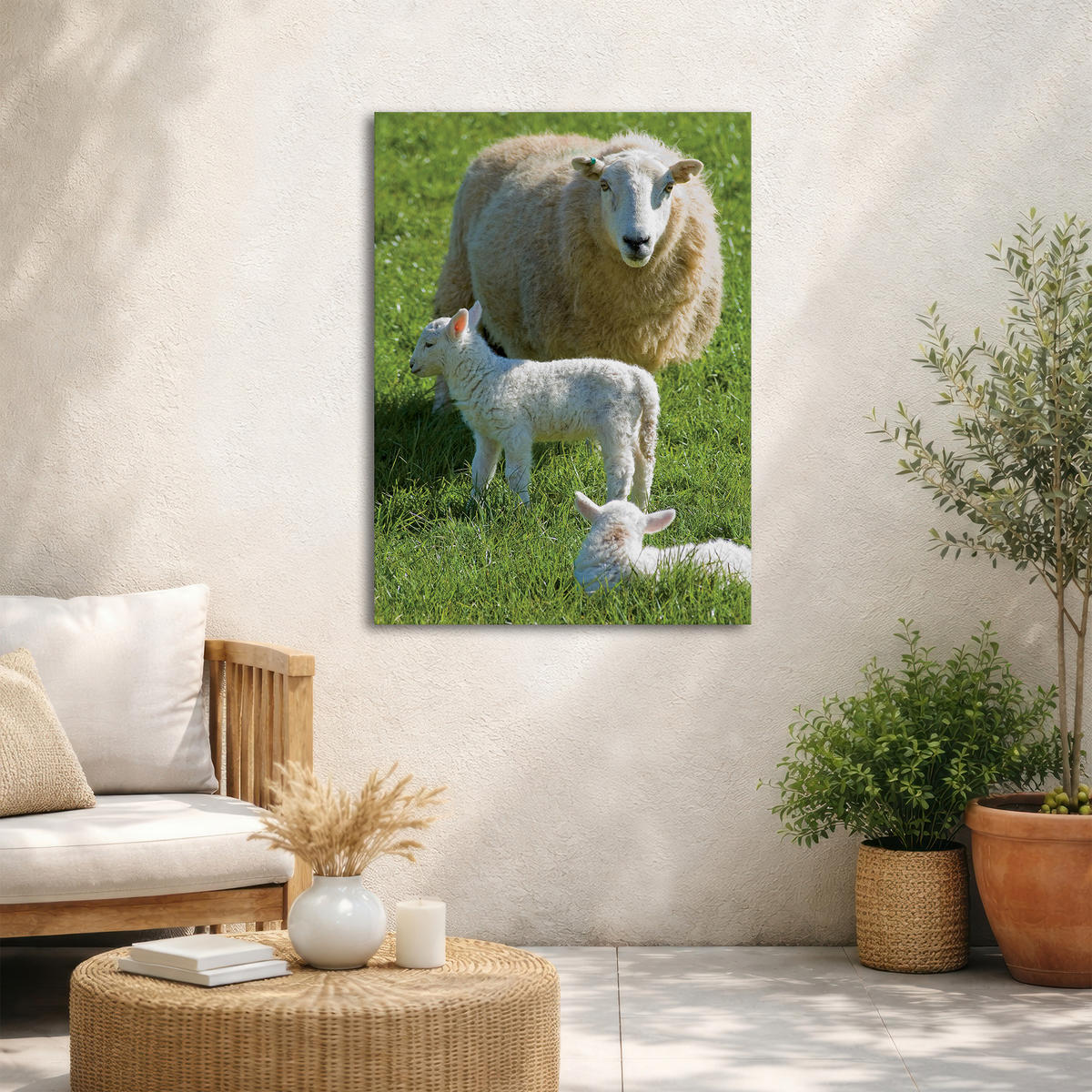 LEINWANDBILD Schafsfamilie 70x50cm - Weiß/Grün, Textil (70/1cm) - Art for the Home