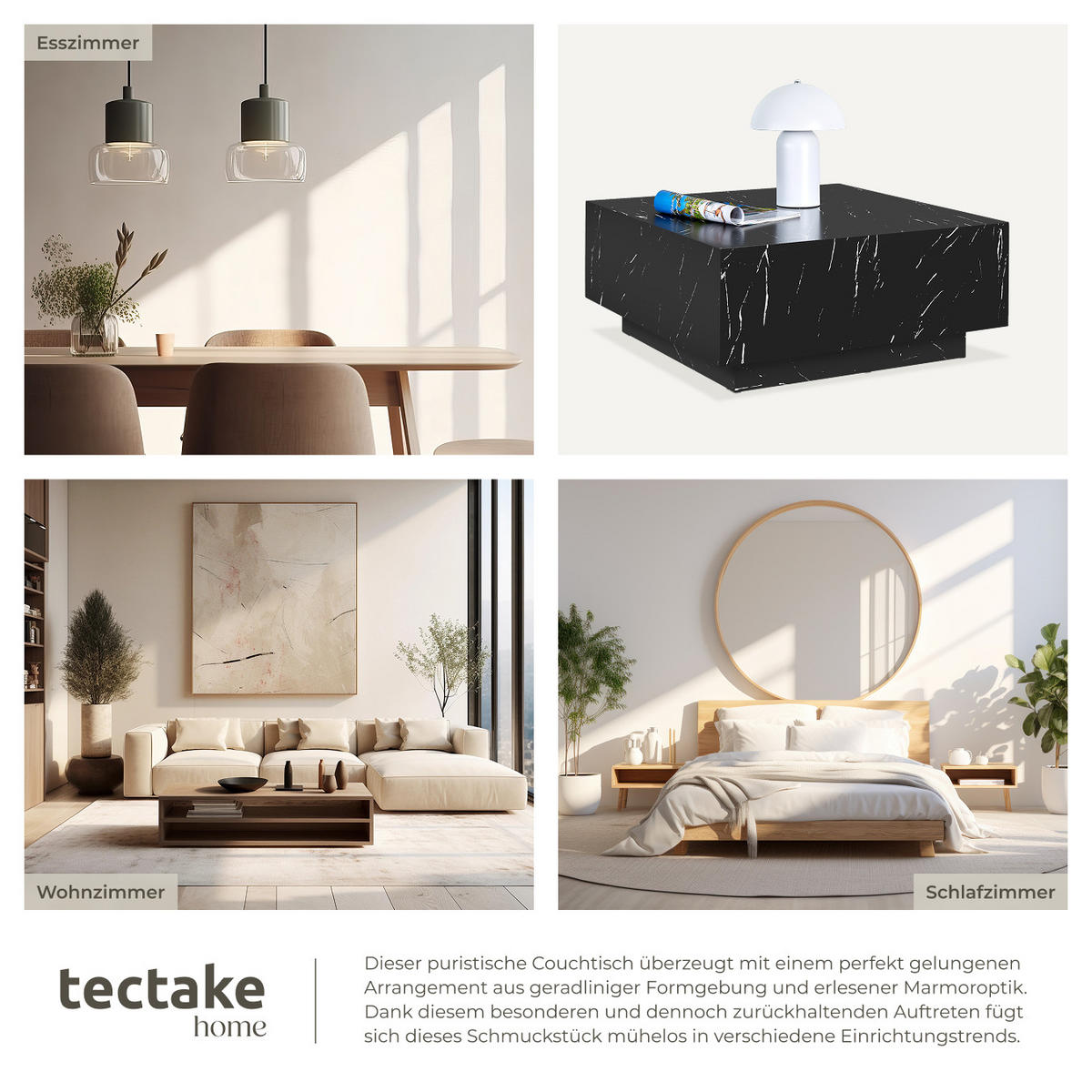 COUCHTISCH Lasley,80 x 80 x 35 cm,Marmor Optik schwarz - Schwarz, Holz (80/80/35cm) - tectake