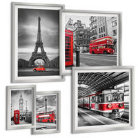BILDER SET 5er Set - 50x50 cm & 20x30 cm & 40x60 cm Silberner Rahmen - Rote Busse in der Stadt - Silberfarben, Kunststoff (40/60cm) - TULUP