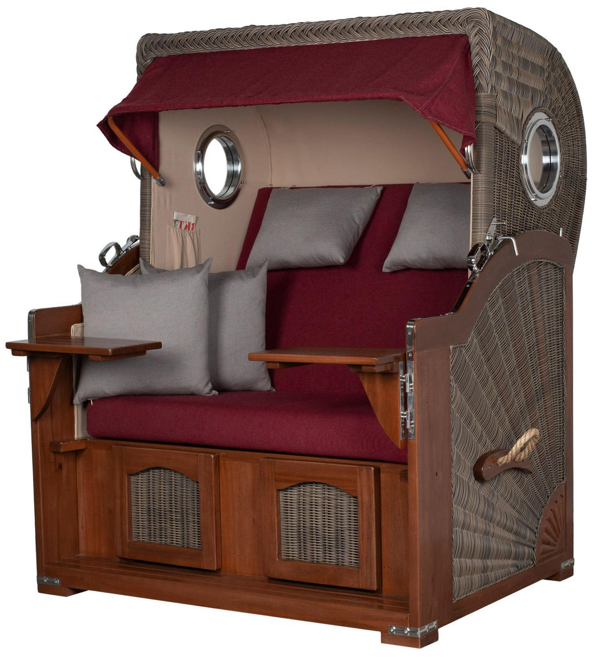 STRANDKORB Komplettset: Ammersee Mahagoni Bullauge - PE grau - Modell 594 - Rot/Grau, Holz/Kunststoff (125/165/80cm) - bene living