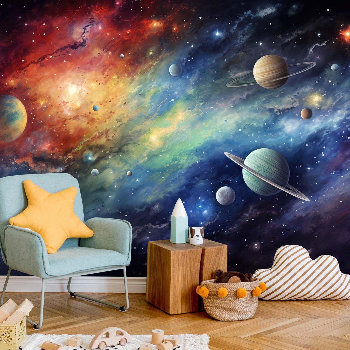 FOTOTAPETE für Jugendzimmer Aquarell Galaxie Planeten Sterne 450x315 - Blau/Gelb, Papier (450/315cm) - Muralo