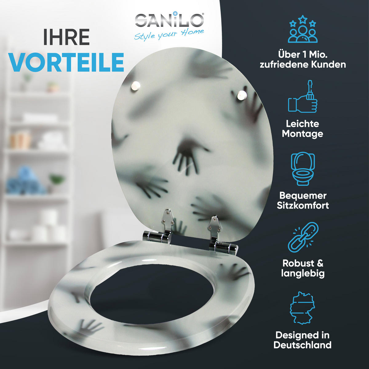 WC-SITZ mit Absenkautomatik Shadow Hands - Grau, Holzwerkstoff (38/6/47cm) - Sanilo