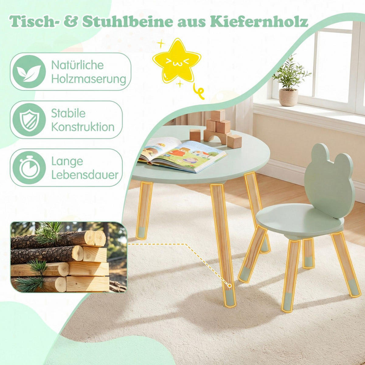 KINDERTISCH mit stuhl grün(3-tlg) - Grün, Holzwerkstoff (60/44/60cm) - COSTWAY