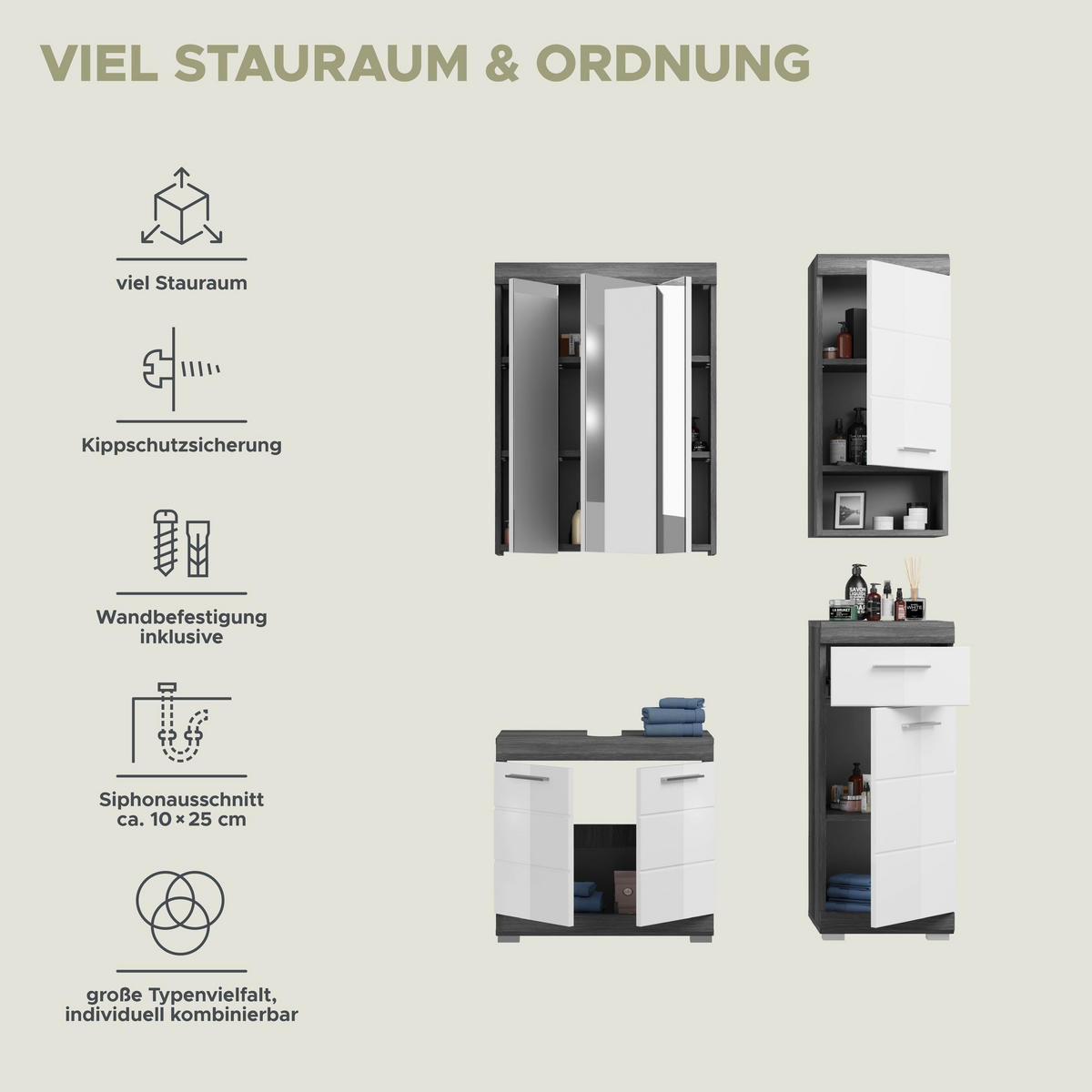 BADKOMBINATION 4tlg. Scout Bad in Rauchsilber Nachbildung und weiß hochglanz B/H/T: 112x191x34 cm - Anthrazit, Holz (112/191/34cm)