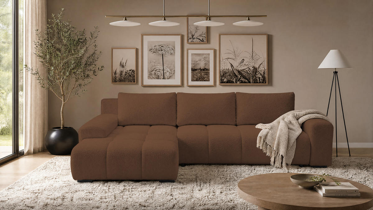 ECKSOFA Ovia mit Bettkasten und Schlaffunktion, Bouclé-Stoff in L-Form - Braun, Textil (270/185cm)