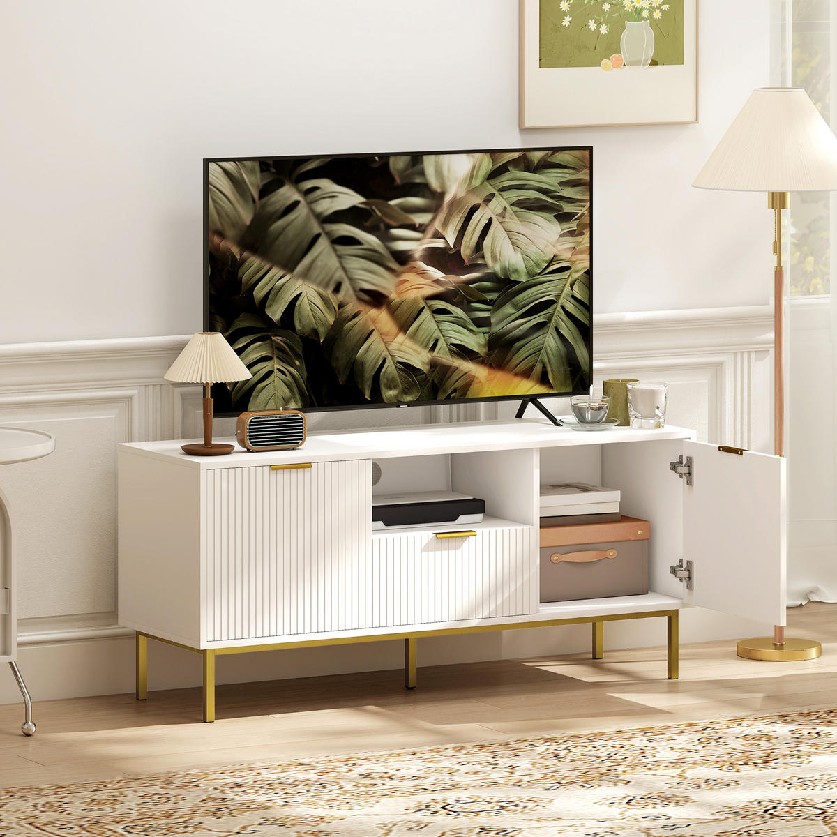 TV-LOWBOARD Weiß 120/39/54 cm, Soft-Close, Metallfüße, geriffelte Türen - Weiß, Holzwerkstoff (120/54/39cm) - PANGIVO