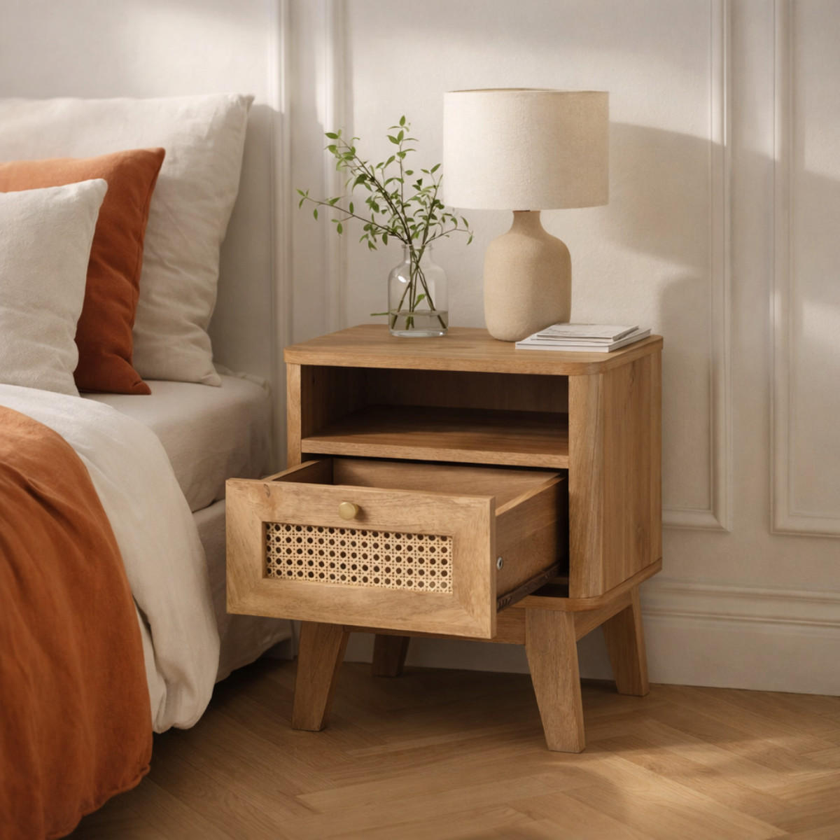 NACHTTISCH 1 schublade mit rattanfront und 1 fach palmo 39/39/49 cm - Eschefarben, Holzwerkstoff (39/49/49cm) - Calicosy