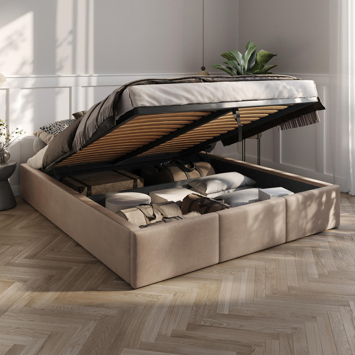 POLSTERBETT für Schlafzimmer Bett mit Stauraum Beige 160x200cm - Beige, Holzwerkstoff/Textil - Muralo