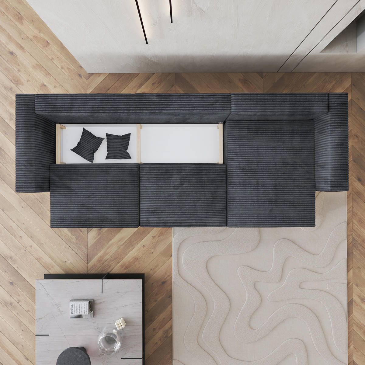 ECKSOFA TOLMO Graphitfarben Kordstoff mit Schlaffunktion - Graphitfarben, Holz (347/148cm) - MASSENO