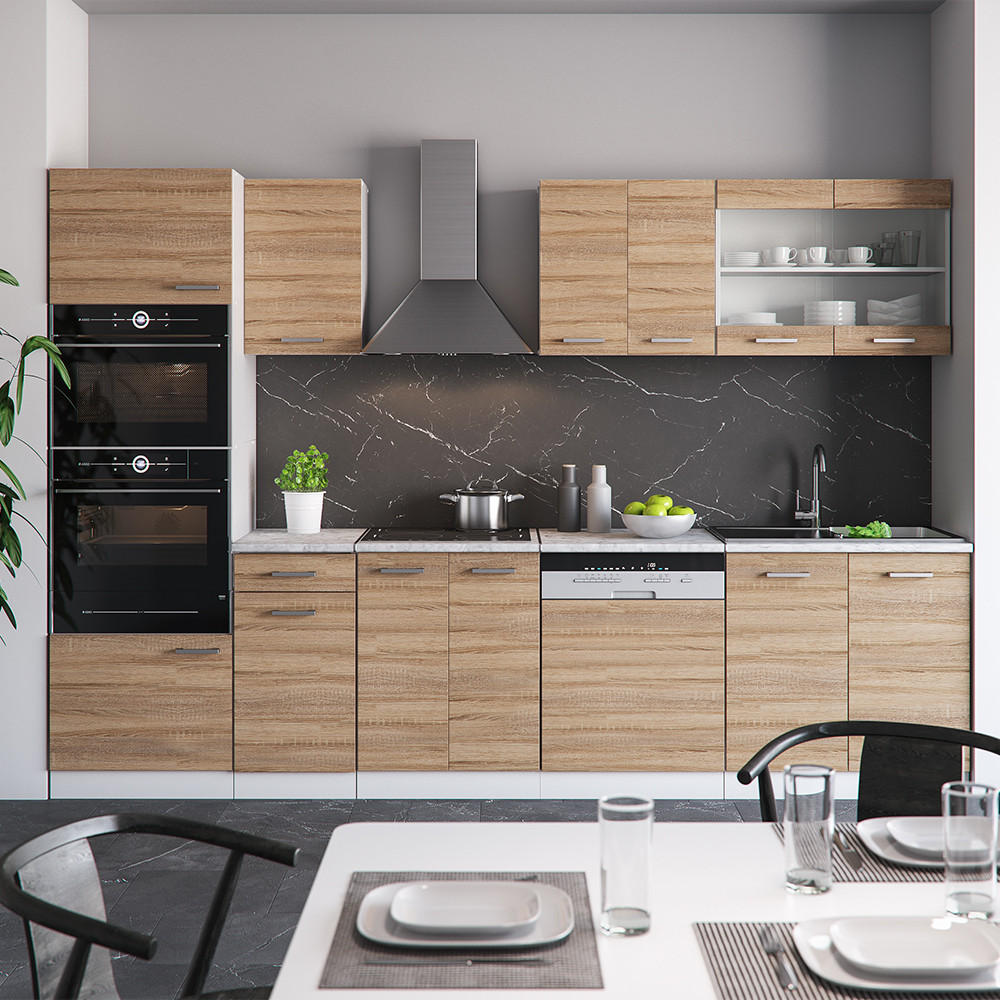 KÜCHENZEILE R-Line Sonoma 300 cm mit Hochschrank, ohne AP - Weiß/Sonoma Eiche, Holzwerkstoff (300/81.6/46cm) - Vicco