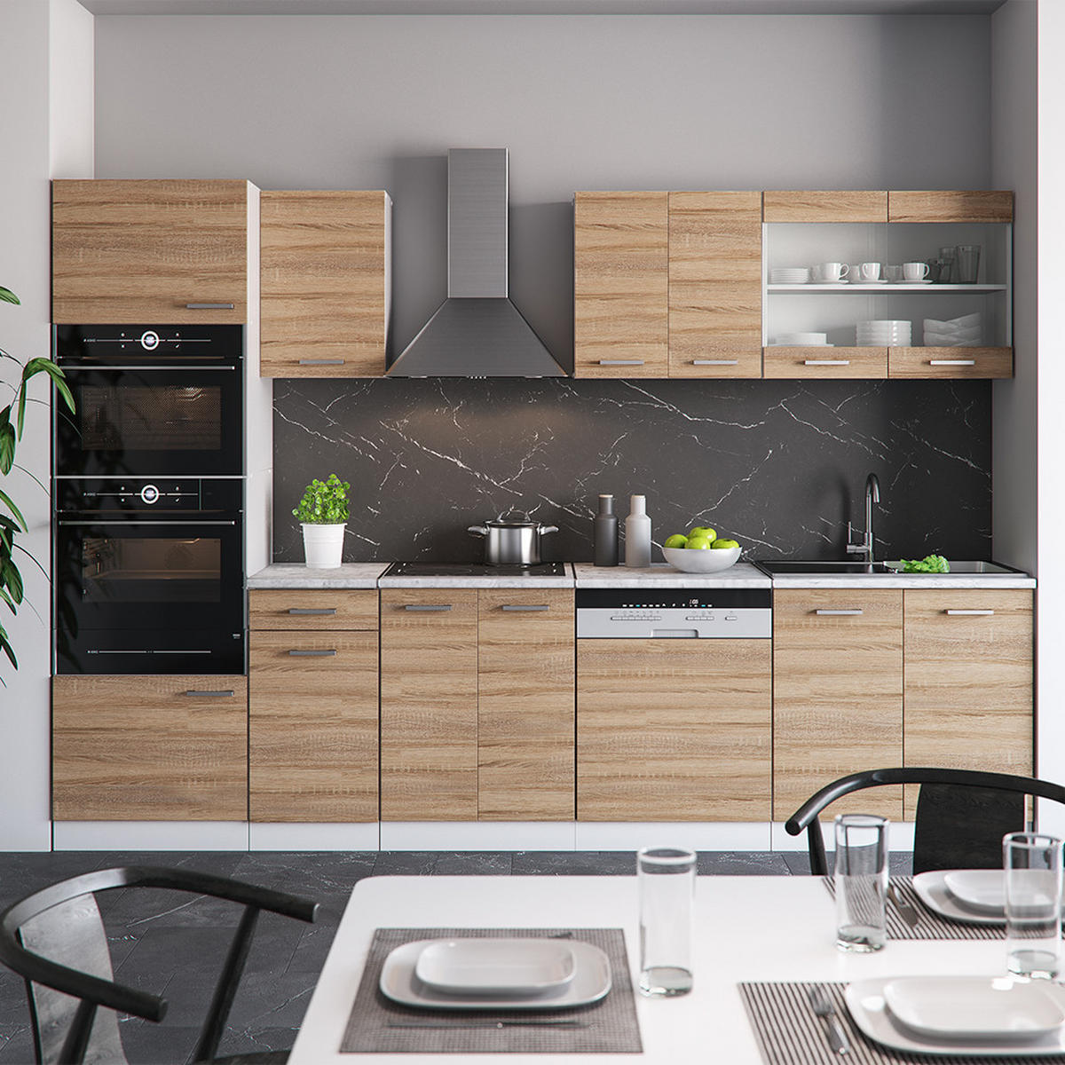 KÜCHENZEILE R-Line Sonoma/Weiß 300 cm mit Hochschrank, AP Eiche - Weiß/Sonoma Eiche, Holzwerkstoff (300/81.6/60cm) - Vicco