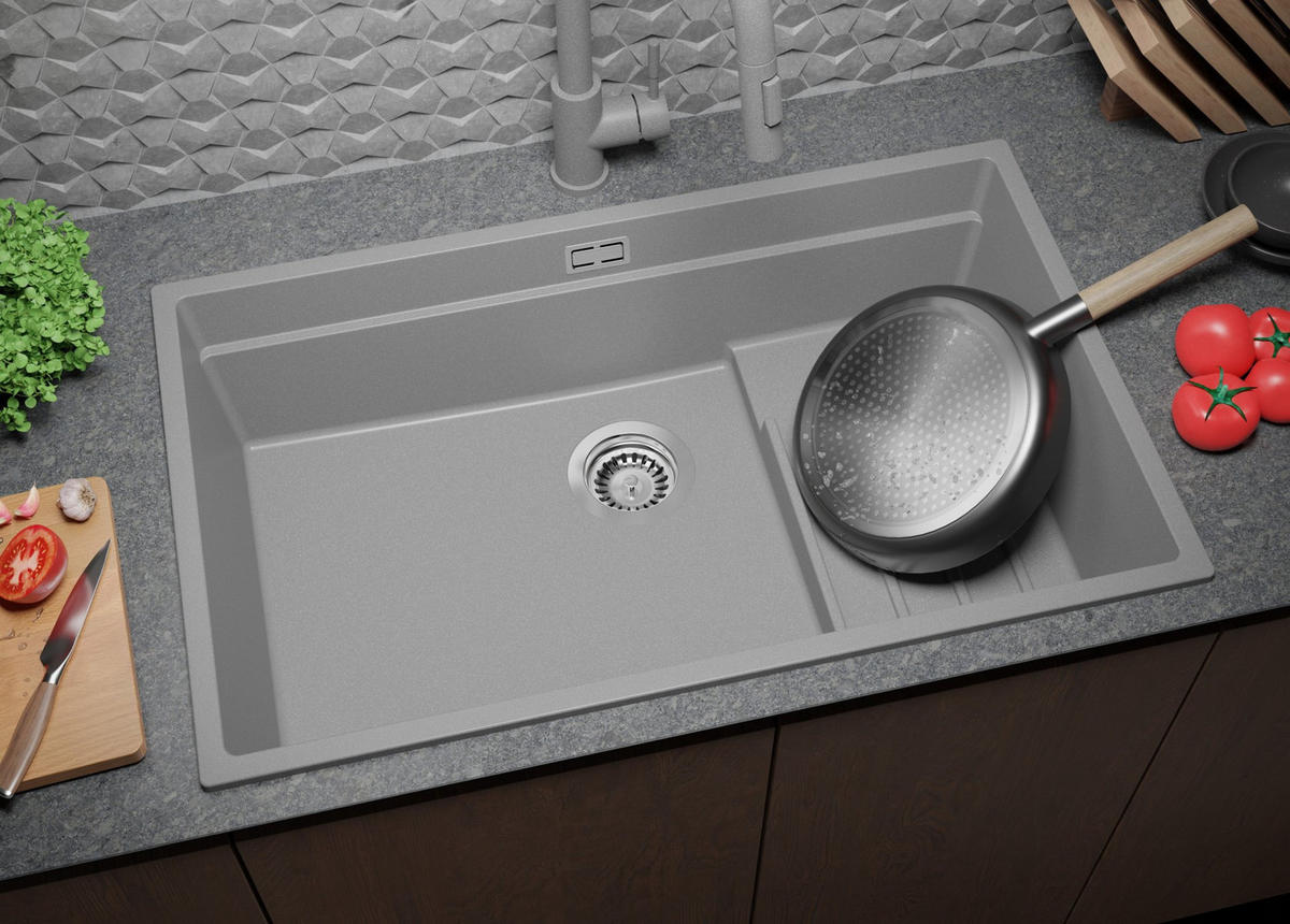 SPÜLBECKEN Praga Slim, 2-er set Grau 76/47 cm 1 Becken + Ablauf-Set + Aufrollbare Abtropffläche ab 80er Unterschrank - Chromfarben/Grau, Kunststoff (76/20/47cm) - Primagran