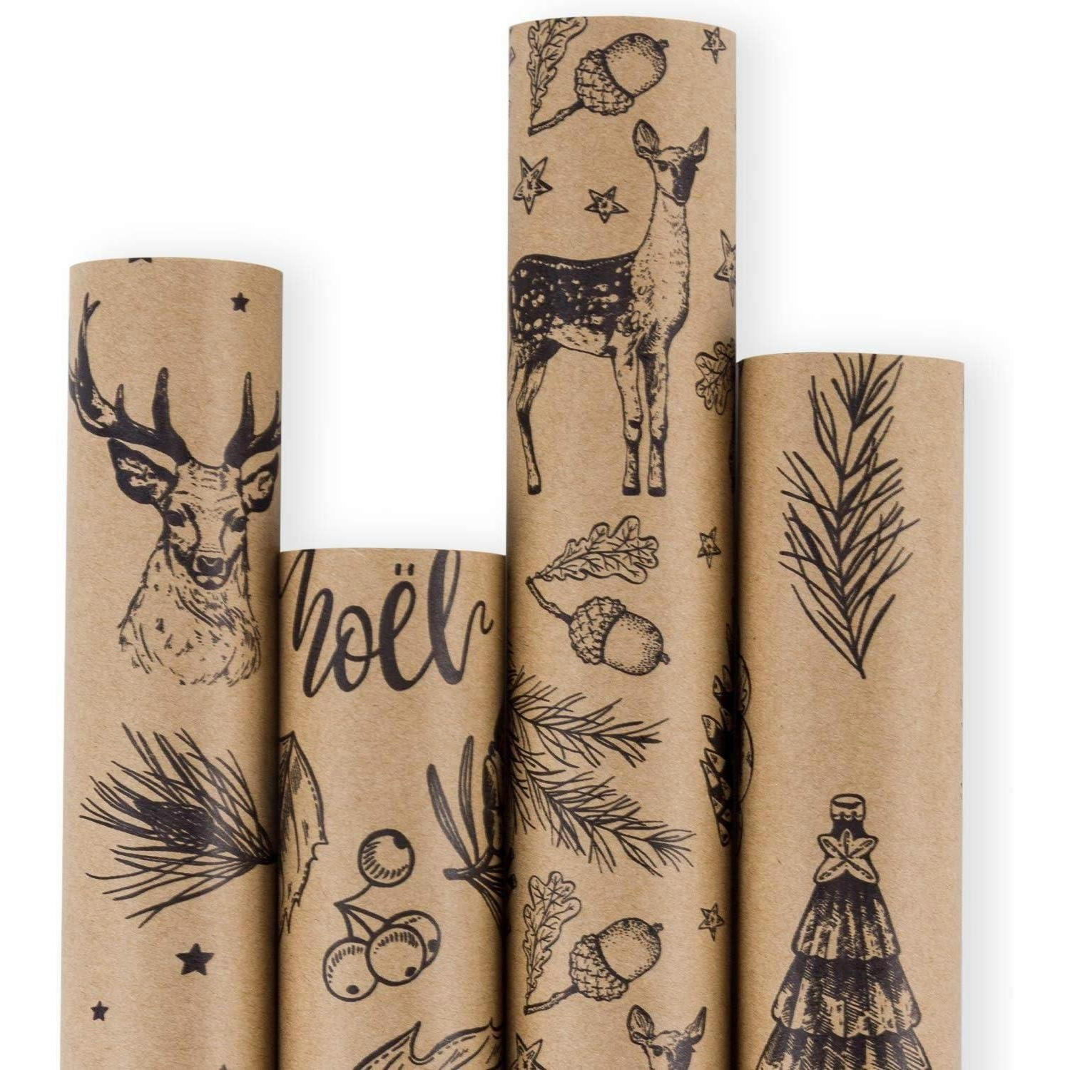GESCHENKPAPIER 4 Rollen 76 cm x 305 cm Kraftpapier Weihnachtsmotive - Braun, Papier (4/76/15cm)