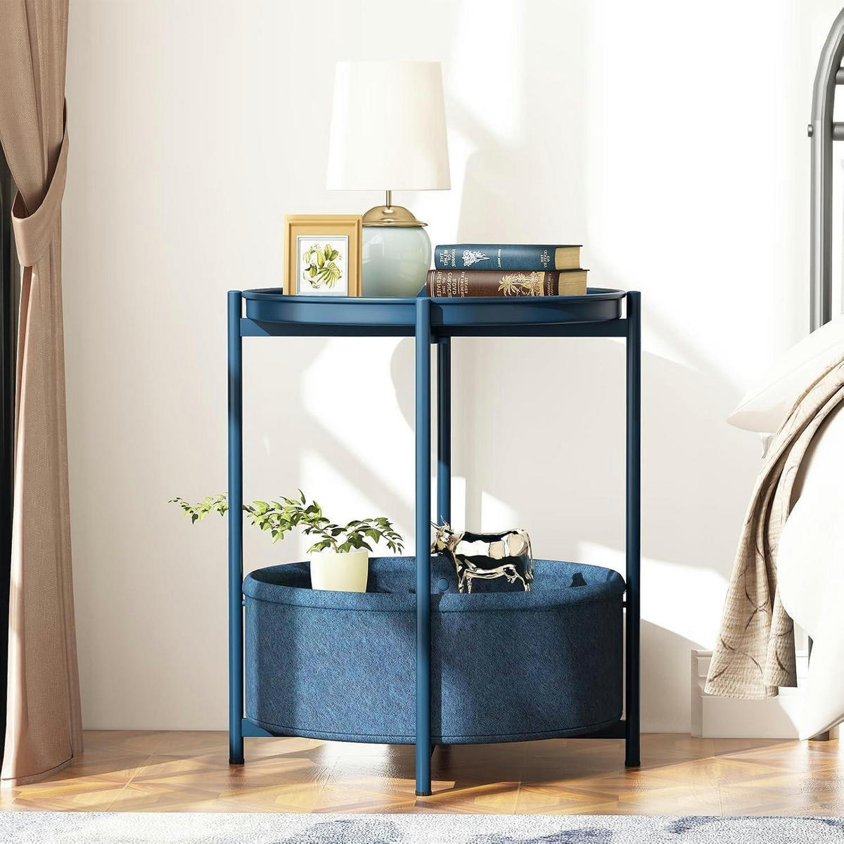 BEISTELLTISCH mit Stoffkorb Blau 44.5 x 52.1 cm - Blau, Metall (44.3/44.3/52cm)