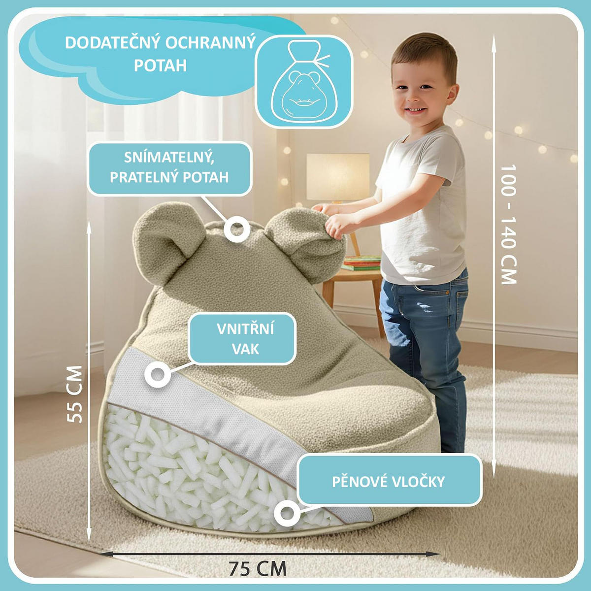 SITZSACK FÜR KINDER Maus 75/75/55 cm, weicher Bouclé 315 g/m², abnehmbarer Bezug, Toasted Almond - Beige, Textil (75/55/75cm) - Dreamroots