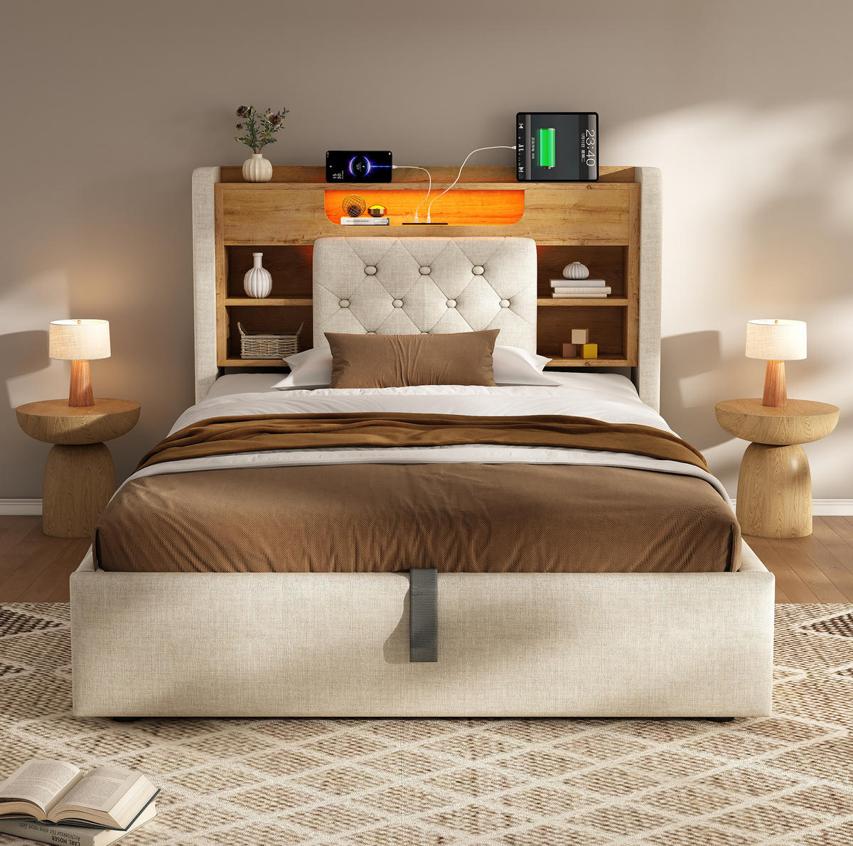 ČALOUNĚNÁ postel 90/200 cm s LED osvětlením, USB/USB-C, úložným prostorem a lněným potahem, Béžová - béžová, textil (90/200cm) - Redom