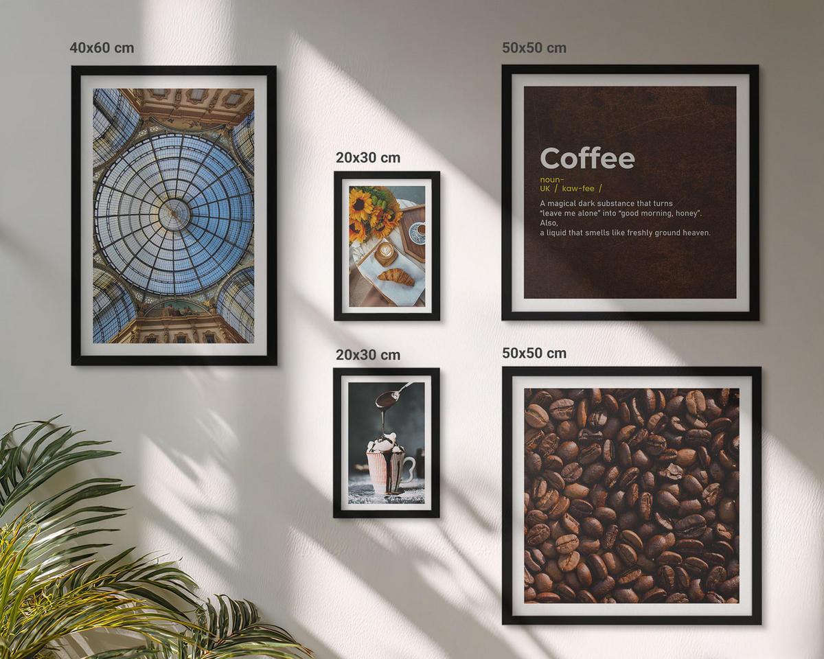 WANDBILDER 5er-Set - 50x50 cm & 20x30 cm & 40x60 cm Schwarzer Rahmen - Italienische Frühstückskaffeebohnen - Schwarz, Kunststoff (40/60cm) - ArtPrintCave