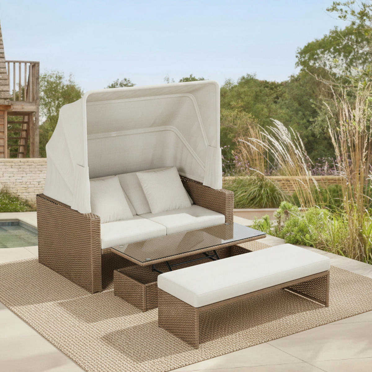 GARTENMÖBEL, 2-4 Personen, Loungesofa, Khaki - Hellbraun, Textil (94/142/136cm) - FLIEKS