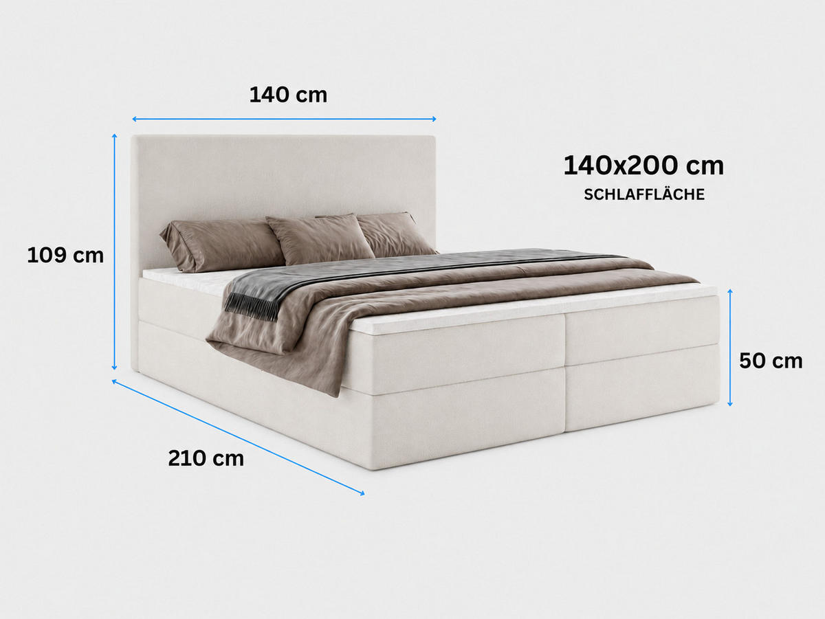 BOXBETT SENTO 140x200 cm mit Bettkasten, Bonell-Matratze H3 und Topper – Bouclé Creme - Creme, Textil (140/200cm) - Luxkor24