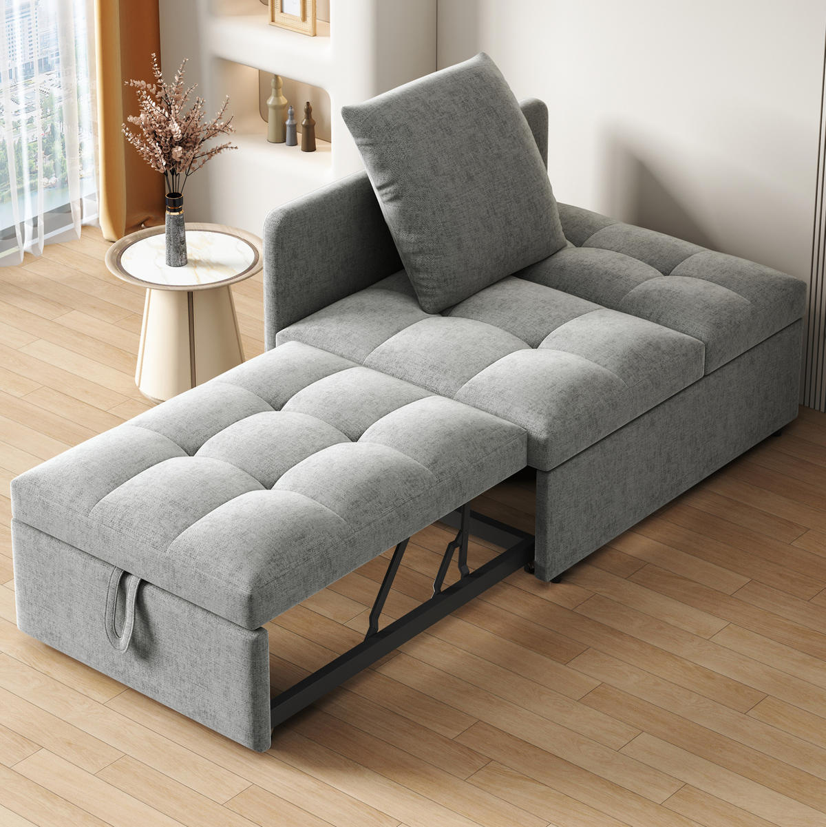 SCHLAFSOFA 3-in-1 177 x 68 cm Leinen Grau - Grau, Metall (68/65/177cm) - Meubliv