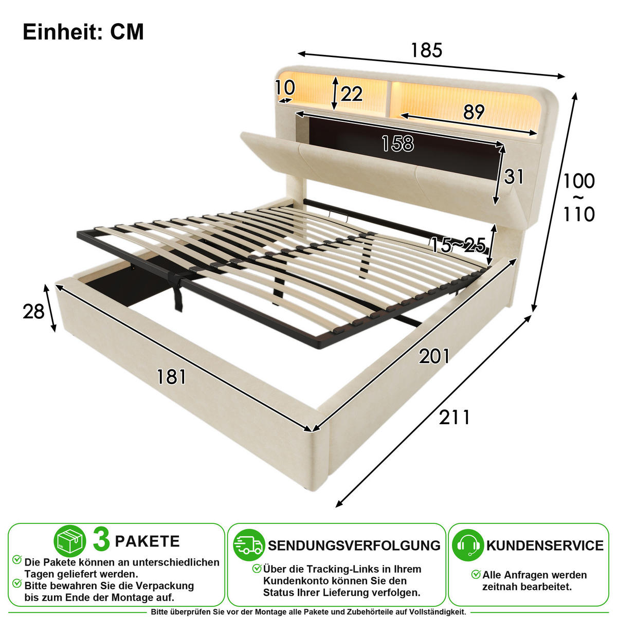 ČALOUNĚNÁ POSTEL 180/200 cm v béžové barvě s úložným prostorem, LED a USB-C - béžová, kov/kompozitní dřevo (180/200cm) - CHICFURN