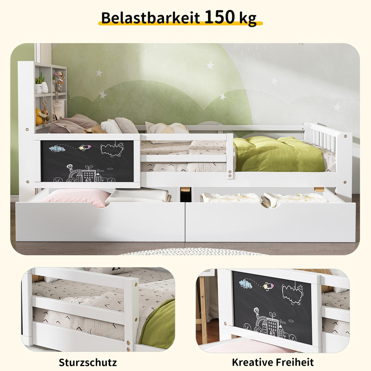 KINDERBETT 90/200 cm Weiß mit Schubladen und Maltafel - Weiß, Holz (90/200cm) - Flora Grace