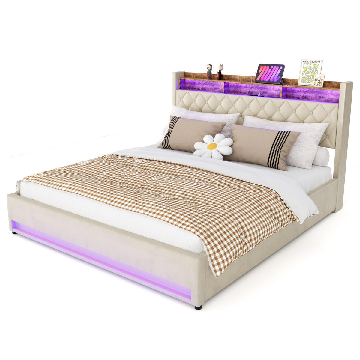 POLSTERBETT 180/200 cm Beige mit LED-Lichtleiste und USB-Anschlüssen - Beige, Holzwerkstoff (180/200cm) - OKWISH