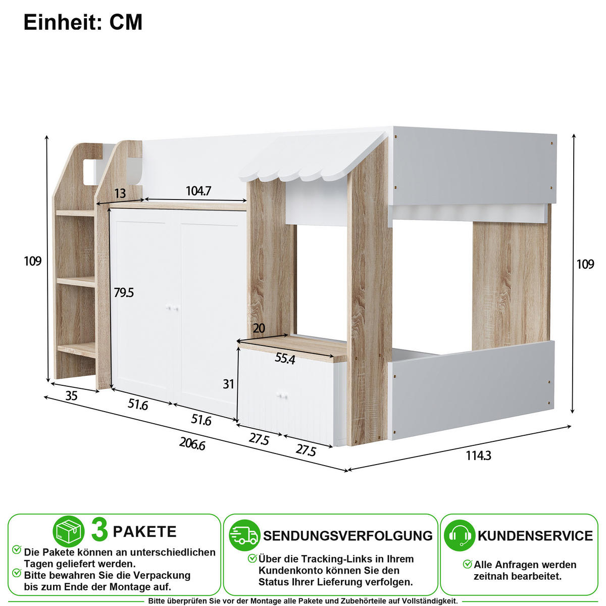 HOCHBETT 90/200 cm in Weiß & Natur mit Regal und Stauraum aus Holz - Weiß, Holz/Holzwerkstoff (90/200cm) - CHICFURN