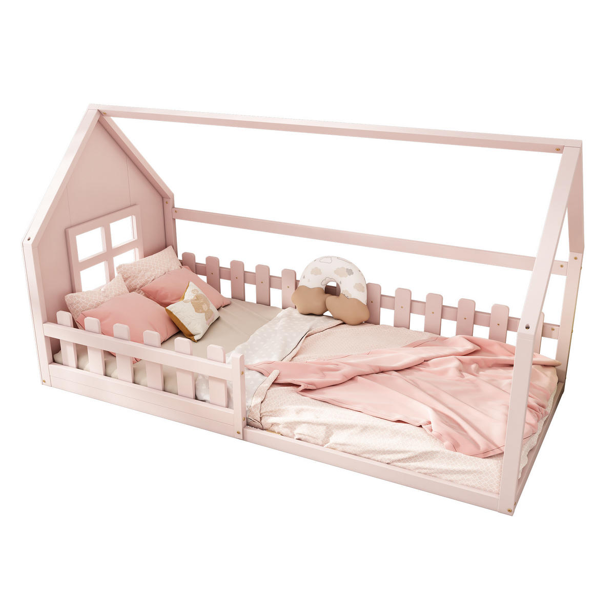 KINDERBETT 90/200 cm Rosa Hausform aus Kiefer und MDF - Rosa, Holz (90/200cm) - OKWISH