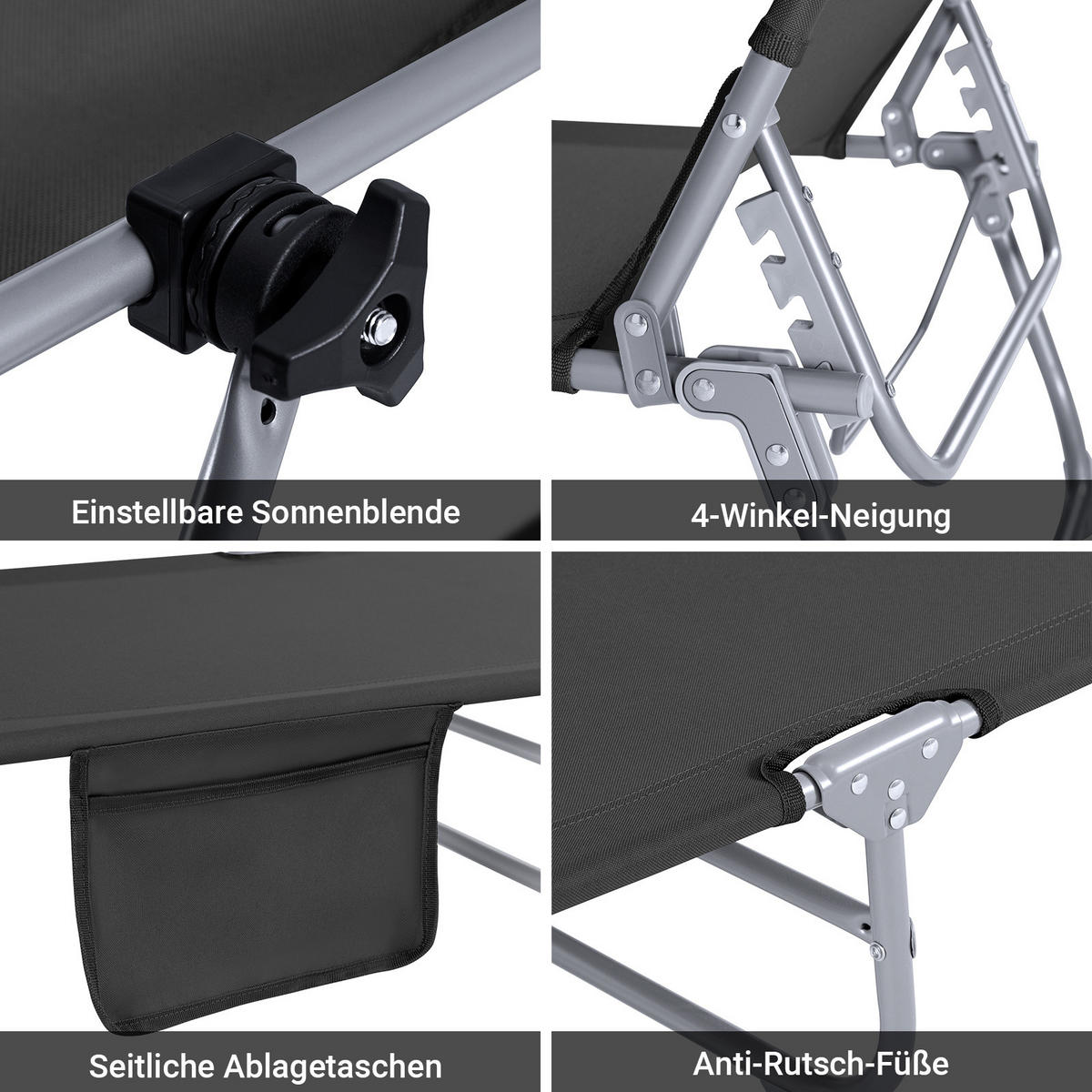 SONNENLIEGE 2er Set Schwarz - Schwarz, Textil/Metall (195/90/63cm) - SoBuy