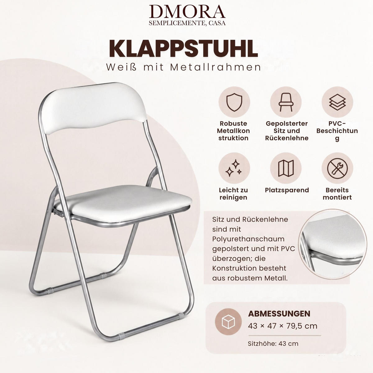 KLAPPSTUHL Weiß 47/43/79.5 cm - Weiß, Metall (43/80/47cm) - DMORA