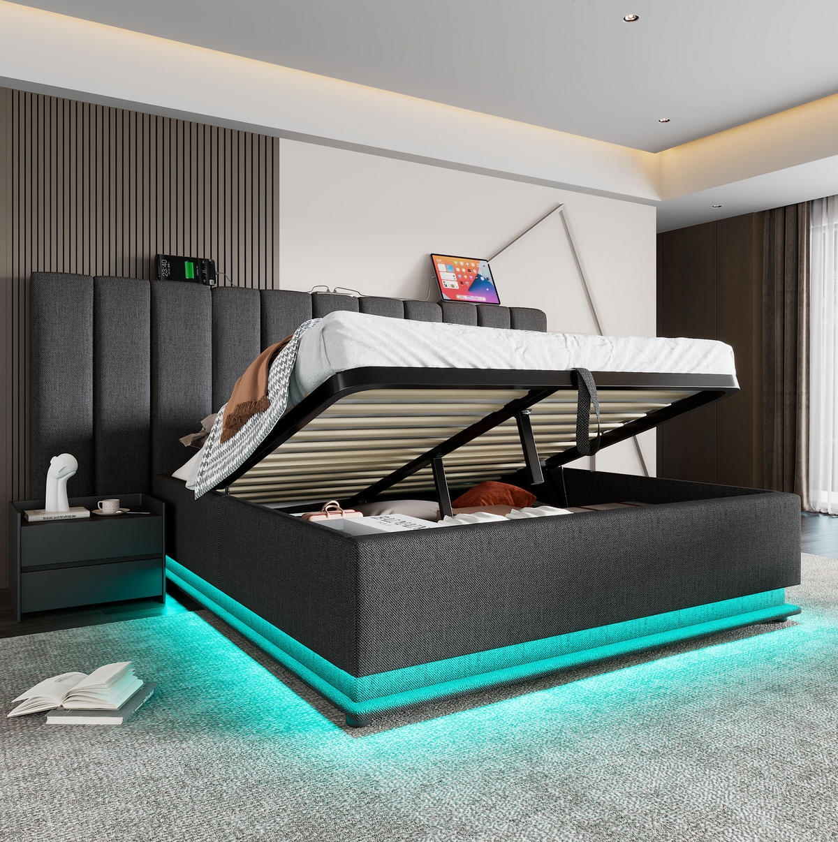 ČALOUNĚNÁ postel ze lnu 180x200 cm šedá s LED osvětlením, USB-C, úložným prostorem a matrací - šedá, textil (180/200cm) - Modfu