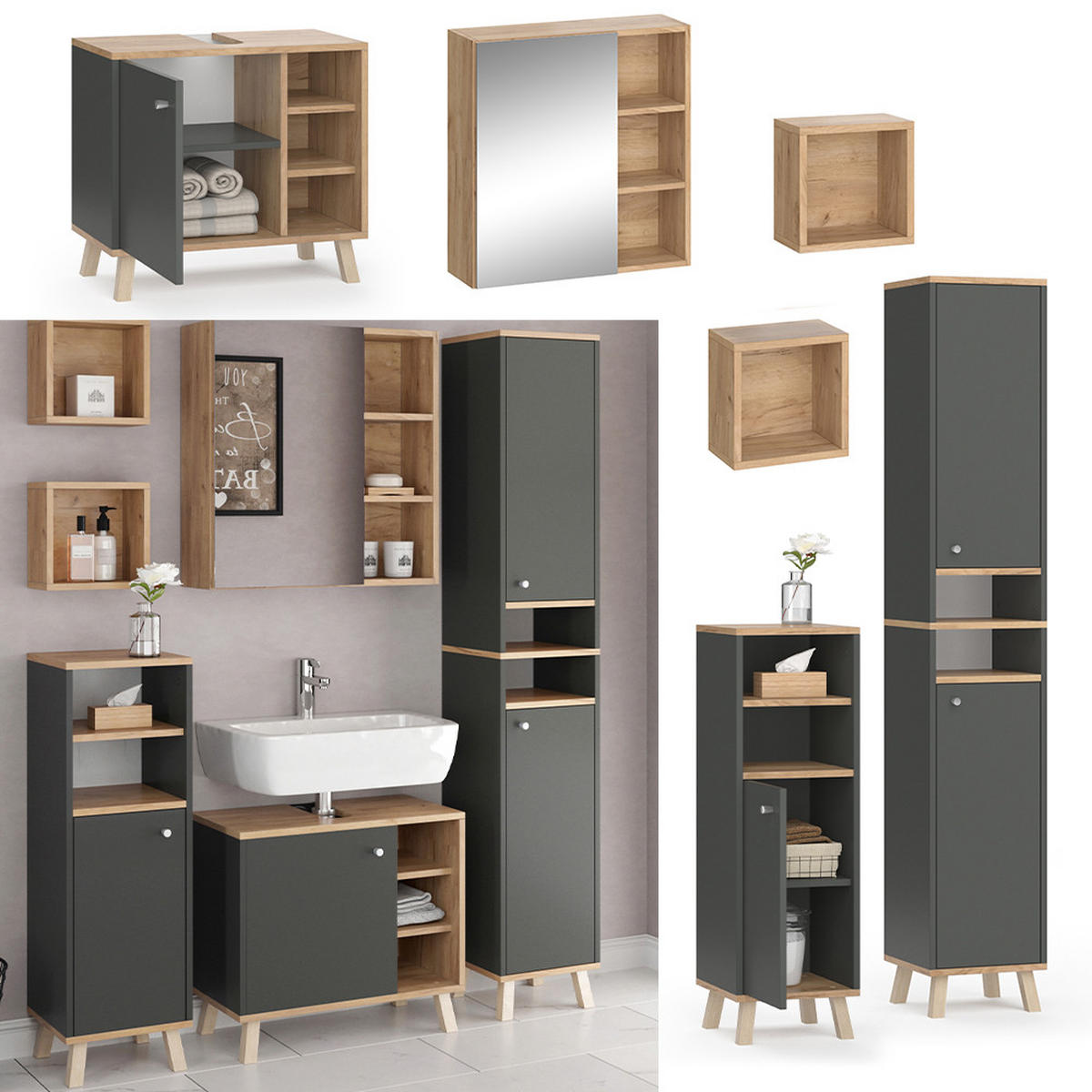 BADMÖBEL-SET Senyo Anthrazit 5 Teile, mit Hochschrank - Honigeiche/Anthrazit, Holzwerkstoff (62/54/32cm) - Vicco