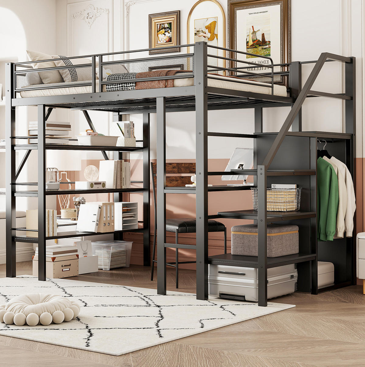 HOCHBETT 140/200 cm Schwarz mit Schreibtisch und Ablageregal aus Metall - Schwarz, Metall (140/200cm) - OKWISH