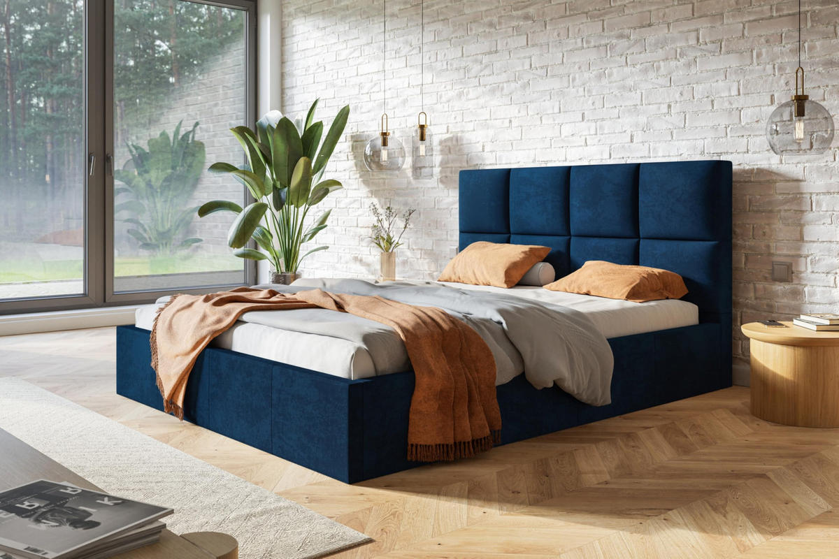 BETT 90x200 - Polsterbett mit Bettkasten und Holzrahmen - Modern Betten - Glatter Kronos-Stoff- Kollektion Roma, Blau - Blau, Holz/Textil (90/200cm) - Alpi-Möbel