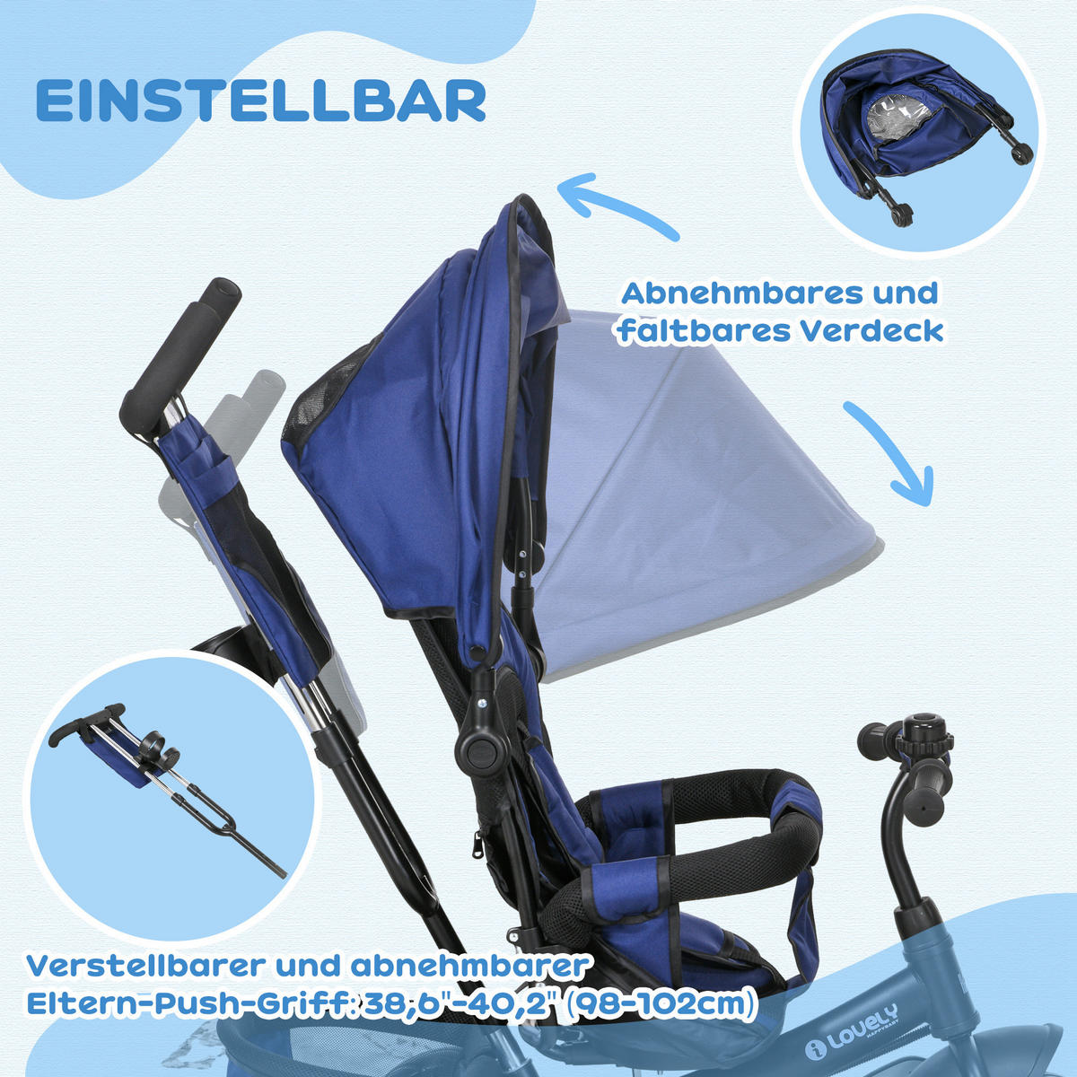 6-IN-1 Dreirad mit Schubstange, Kinderdreirad mit abnehmbarem Sonnendach - Blau, Metall (102/49/102cm) - HOMCOM