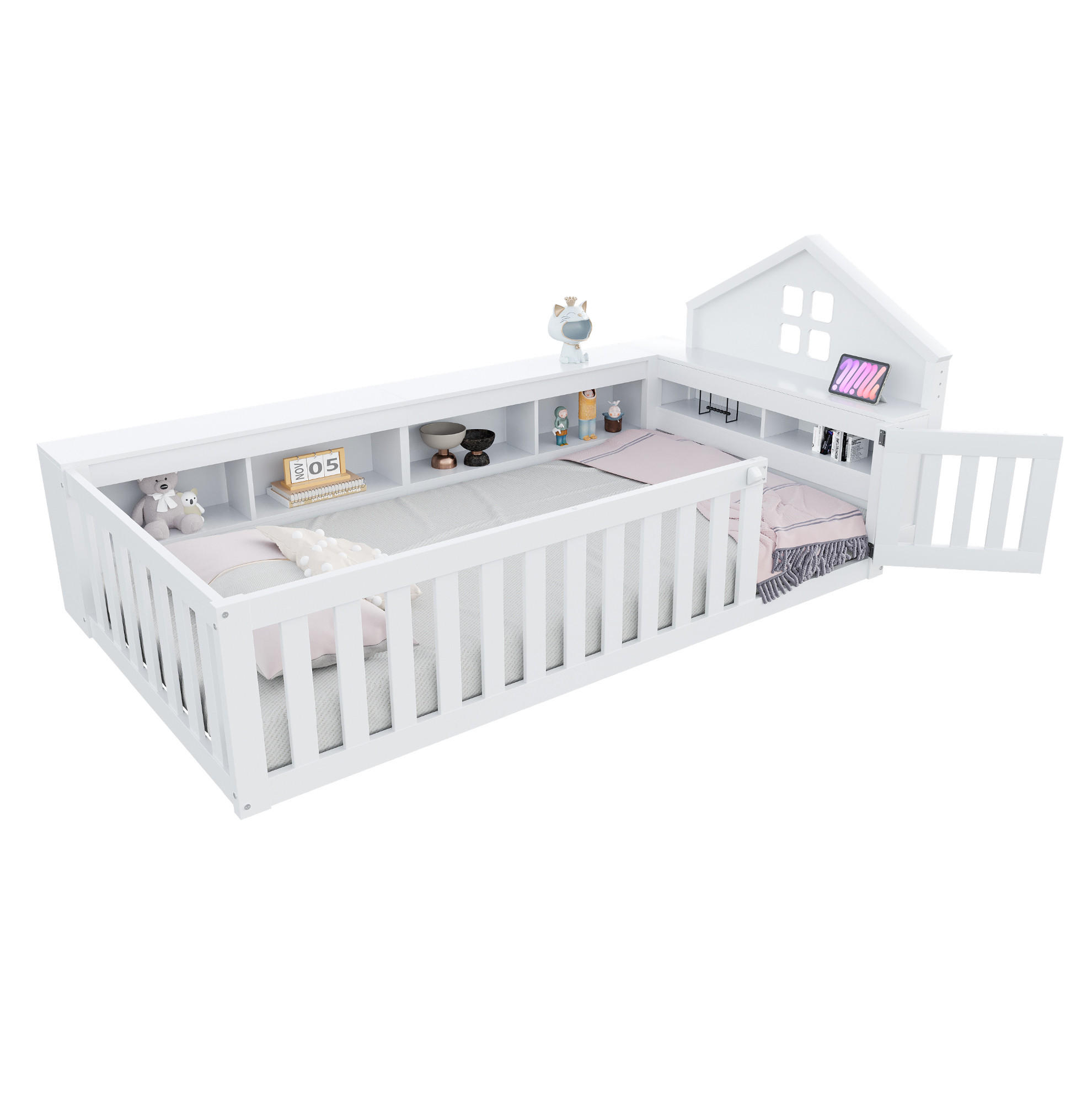 KINDERBETT 90/200 cm mit Dach, Fenster, Stauraum, Sicherheitsgitter und Tür aus Holzwerkstoff mit Lattenrost, Weiß - Weiß, Holzwerkstoff (90/200cm) - Redom