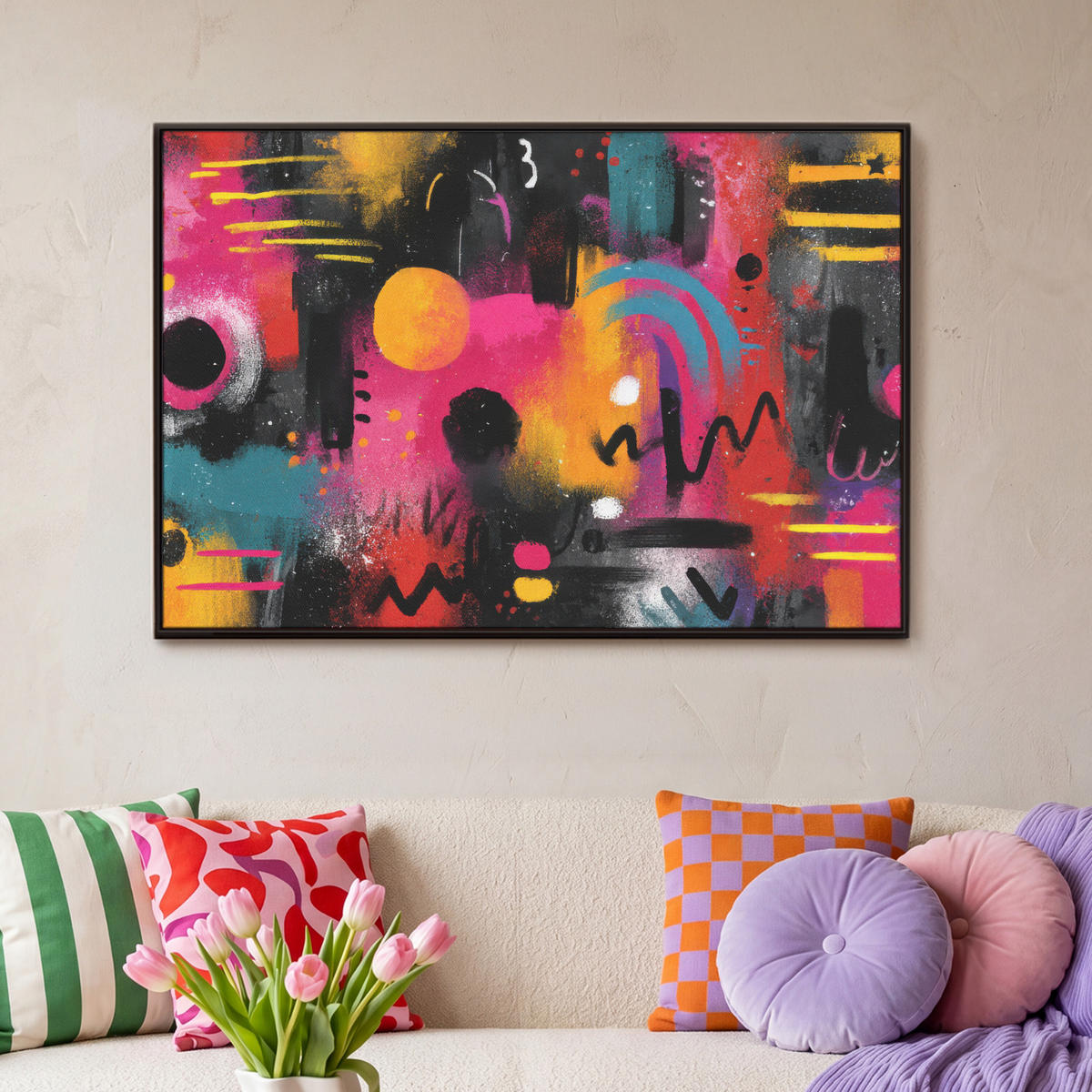 LEINWAND Bilder mit Rahmen - Farbflächen - Formen - Bunt - Abstrakt - 90x60 - Pink, Textil (90/60cm) - MuchoWow