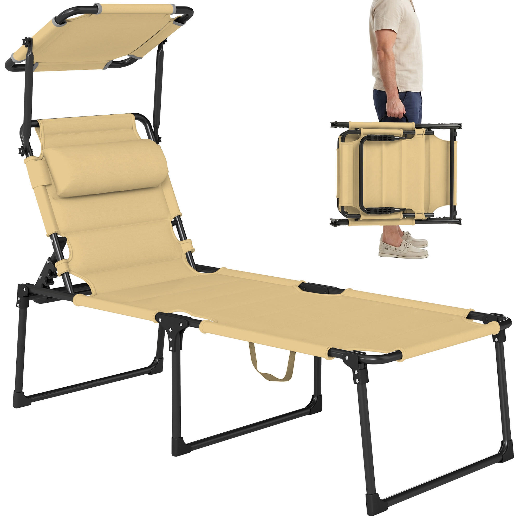 SONNENLIEGE DE-15640 70/200/45 cm mit Sonnendach & Kopfkissen Creme - Creme, Metall (70/45/200cm) - ComfortXL