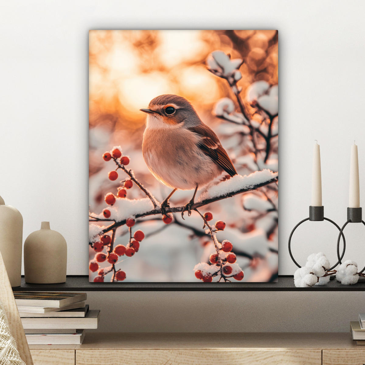 LEINWANDBILD Vogel - Zweig - Winter - Tiere - Schnee Room Decor 30x40 cm - Bernsteinfarben, Textil (30/40cm) - MuchoWow
