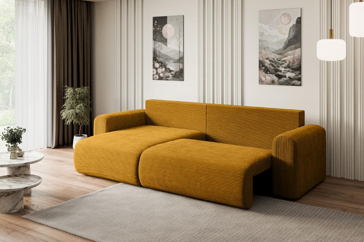 ECKSOFA mit Schlaffunktion und Bettkasten ORRO-L - 272x145x83 cm Senfgelb Cord - Gelb/Schwarz, Holzwerkstoff/Kunststoff (272/145cm) - ALTDECOR