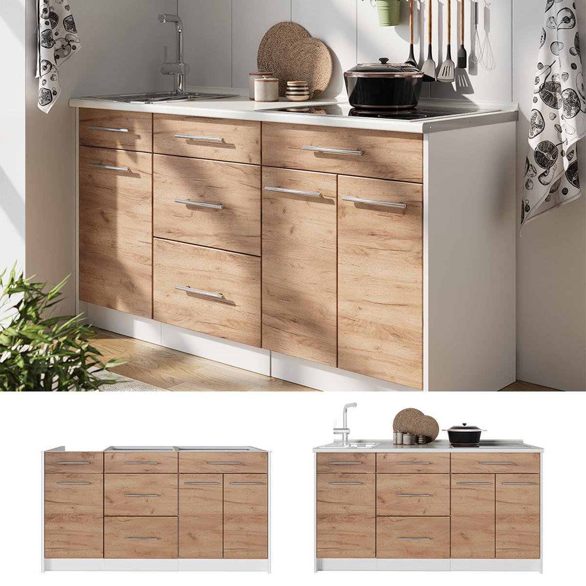 KUCHYNSKÝ BLOK Fame-Line, Dub Goldkraft/biely, 150 cm, AP Antracit - biela/dub medový, kompozitné drevo (150/82/60cm) - Vicco
