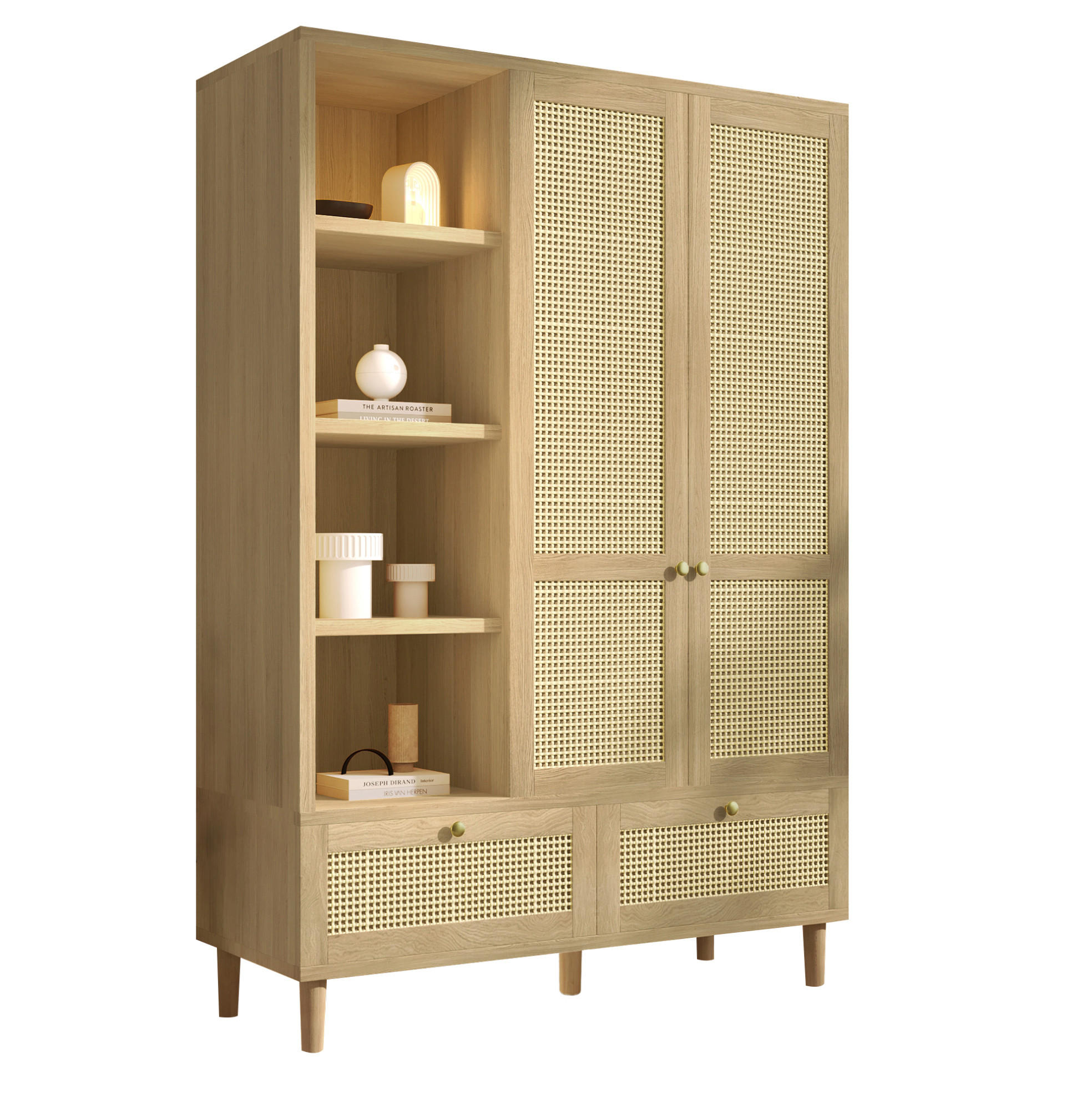 KLEIDERSCHRANK aus Holz 50x120x180 cm Eiche mit Rattanfronten, Kleiderstange, offenen Fächern und 2 Schubladen - Nussbaumfarben, Holzwerkstoff (120/180/50cm) - Modfu