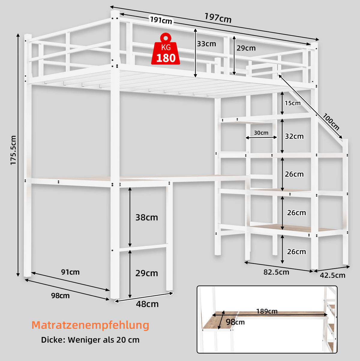 HOCHBETT 90/190 cm aus Eisen mit L-förmigem Schreibtisch und Treppe Weiß - Weiß, Metall (90/190cm) - Modenvie