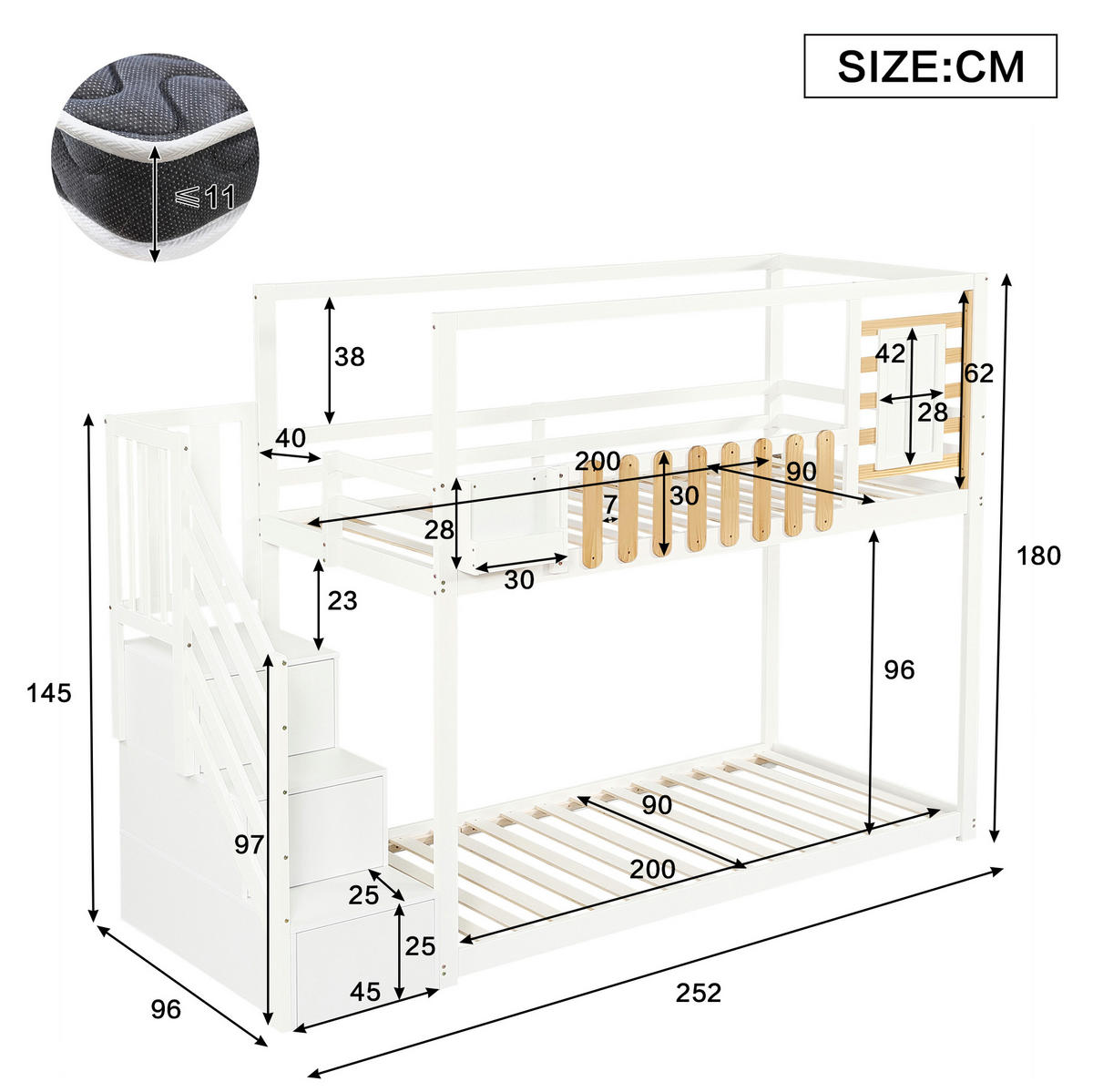 ETAGENBETT 90/200 cm in Weiß/Natur mit Treppe und Stauraum - Weiß, Holzwerkstoff (90/200cm) - BEAOK