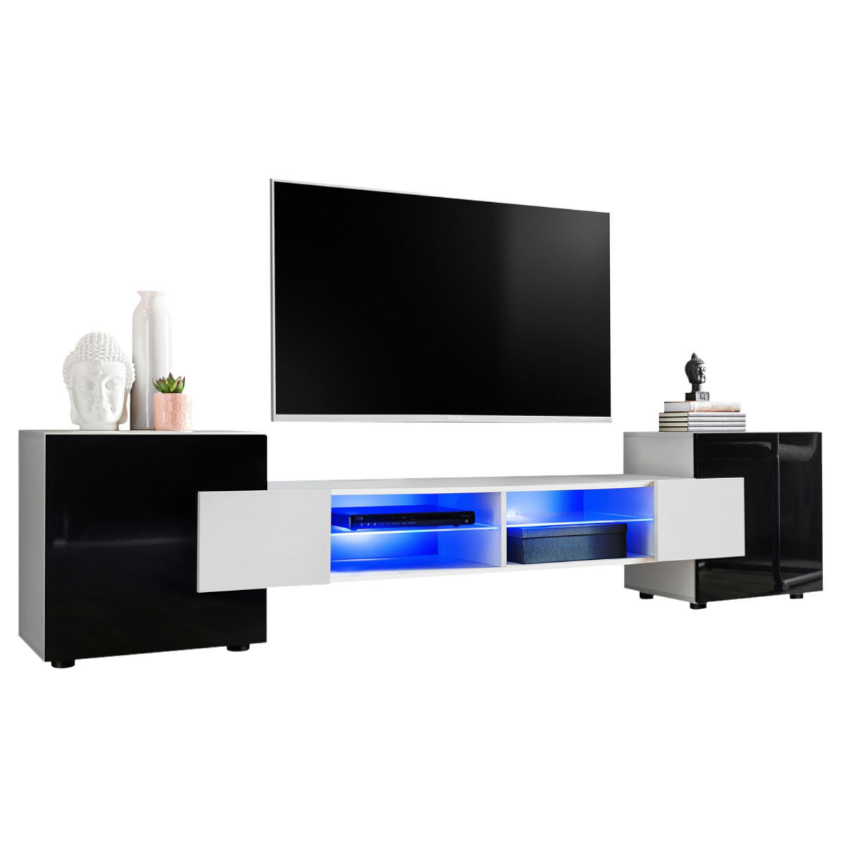 LOWBOARD MERANO Weiß, Blau LED Beleuchtung - Schwarz/Weiß, Glas/Holzwerkstoff (230/52.5/35cm) - Komodee
