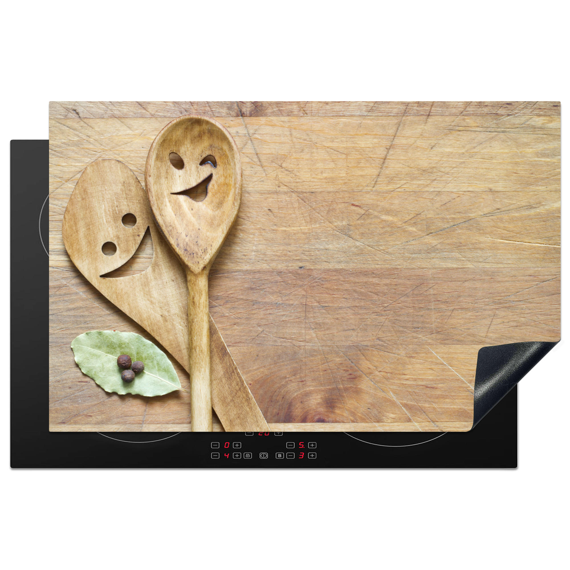 HERDABDECKPLATTE Holz - Löffel - Braun - Smiley 81x52 cm - Hellbraun, Kunststoff (81.2/0.2/52cm) - MuchoWow